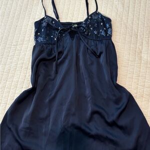Silk Navy Spaghetti Strap Slip Dress with Embroidered Bodice